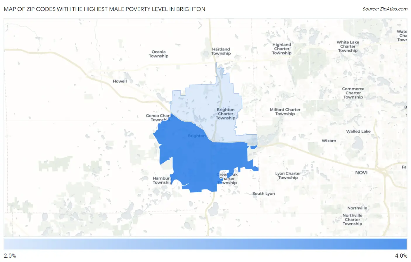 Zip Codes with the Highest Male Poverty Level in Brighton Map