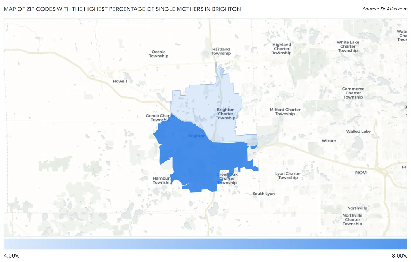 Zip Codes with the Highest Percentage of Single Mothers in Brighton Map