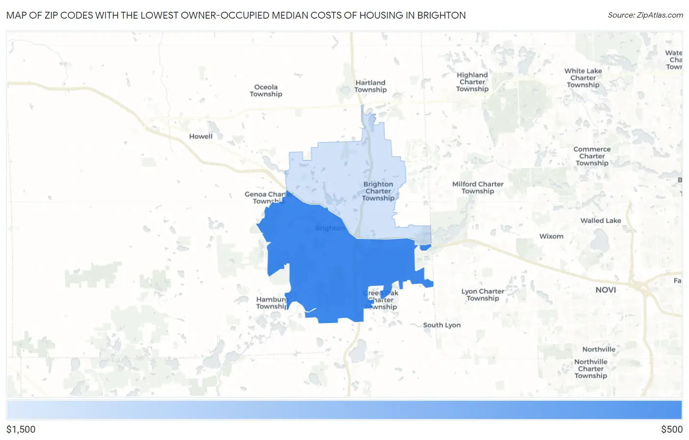 Zip Codes with the Lowest Owner-Occupied Median Costs of Housing in Brighton Map