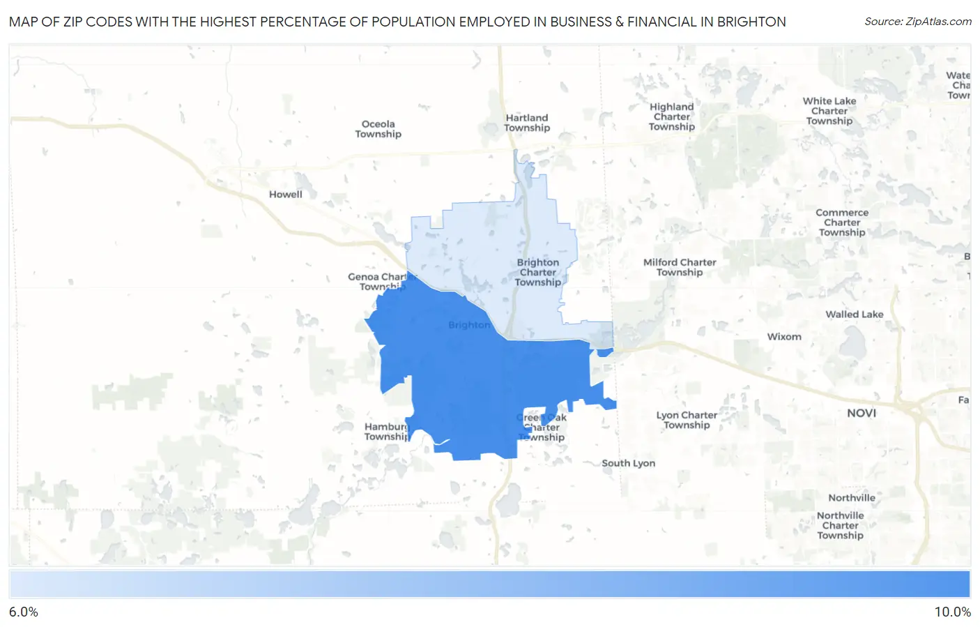 Zip Codes with the Highest Percentage of Population Employed in Business & Financial in Brighton Map