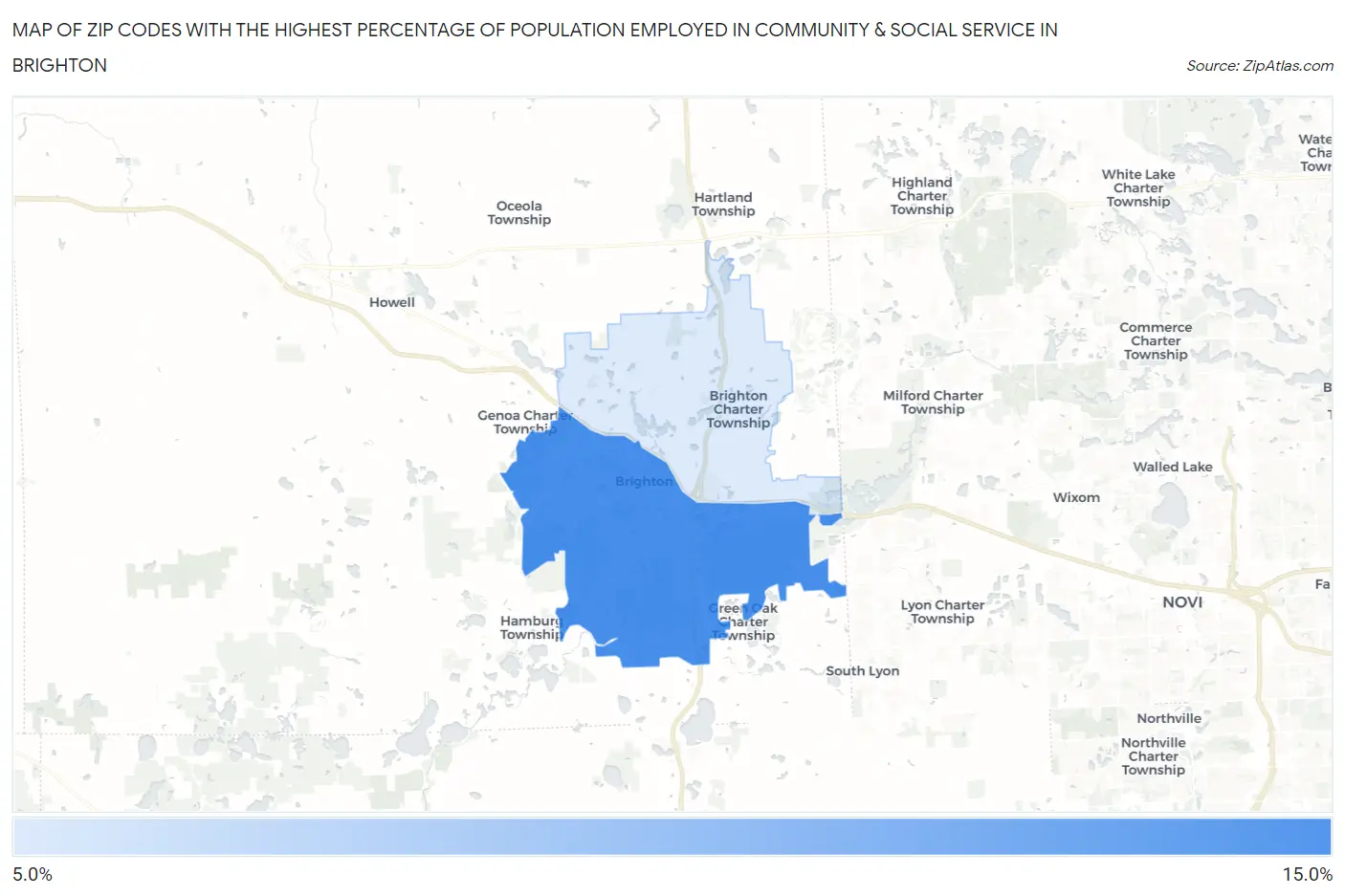 Zip Codes with the Highest Percentage of Population Employed in Community & Social Service  in Brighton Map