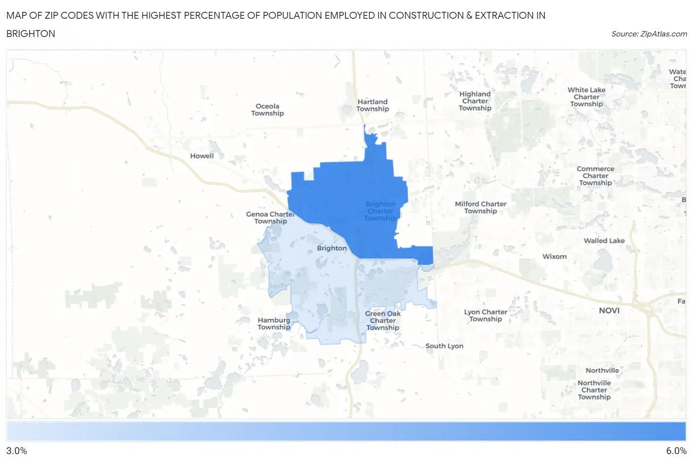 Zip Codes with the Highest Percentage of Population Employed in Construction & Extraction in Brighton Map