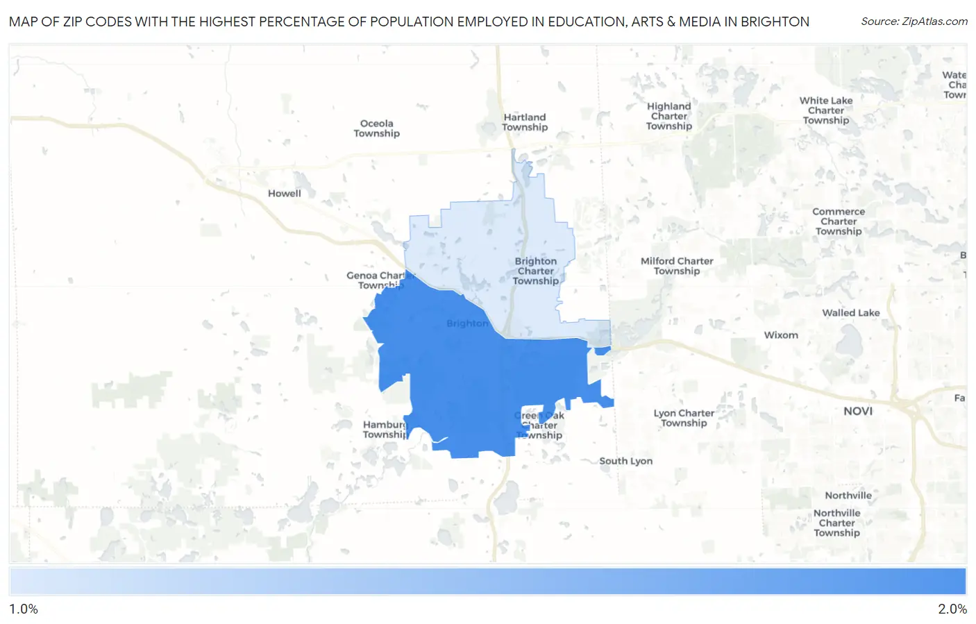 Zip Codes with the Highest Percentage of Population Employed in Education, Arts & Media in Brighton Map