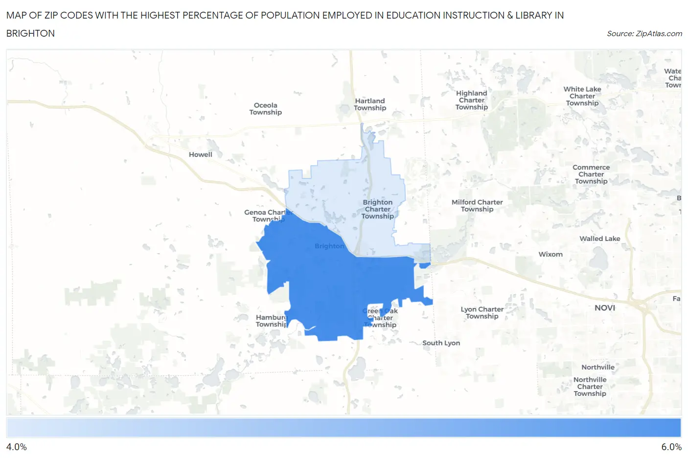 Zip Codes with the Highest Percentage of Population Employed in Education Instruction & Library in Brighton Map