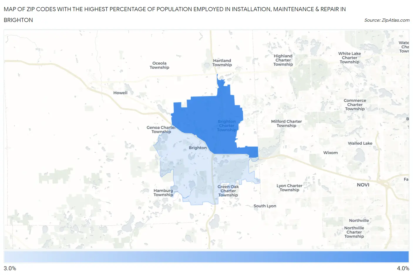 Zip Codes with the Highest Percentage of Population Employed in Installation, Maintenance & Repair in Brighton Map