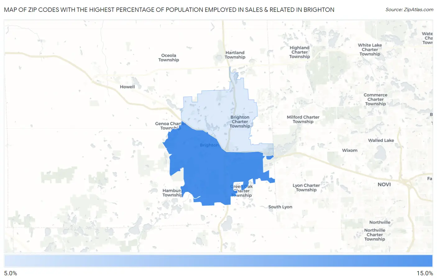 Zip Codes with the Highest Percentage of Population Employed in Sales & Related in Brighton Map