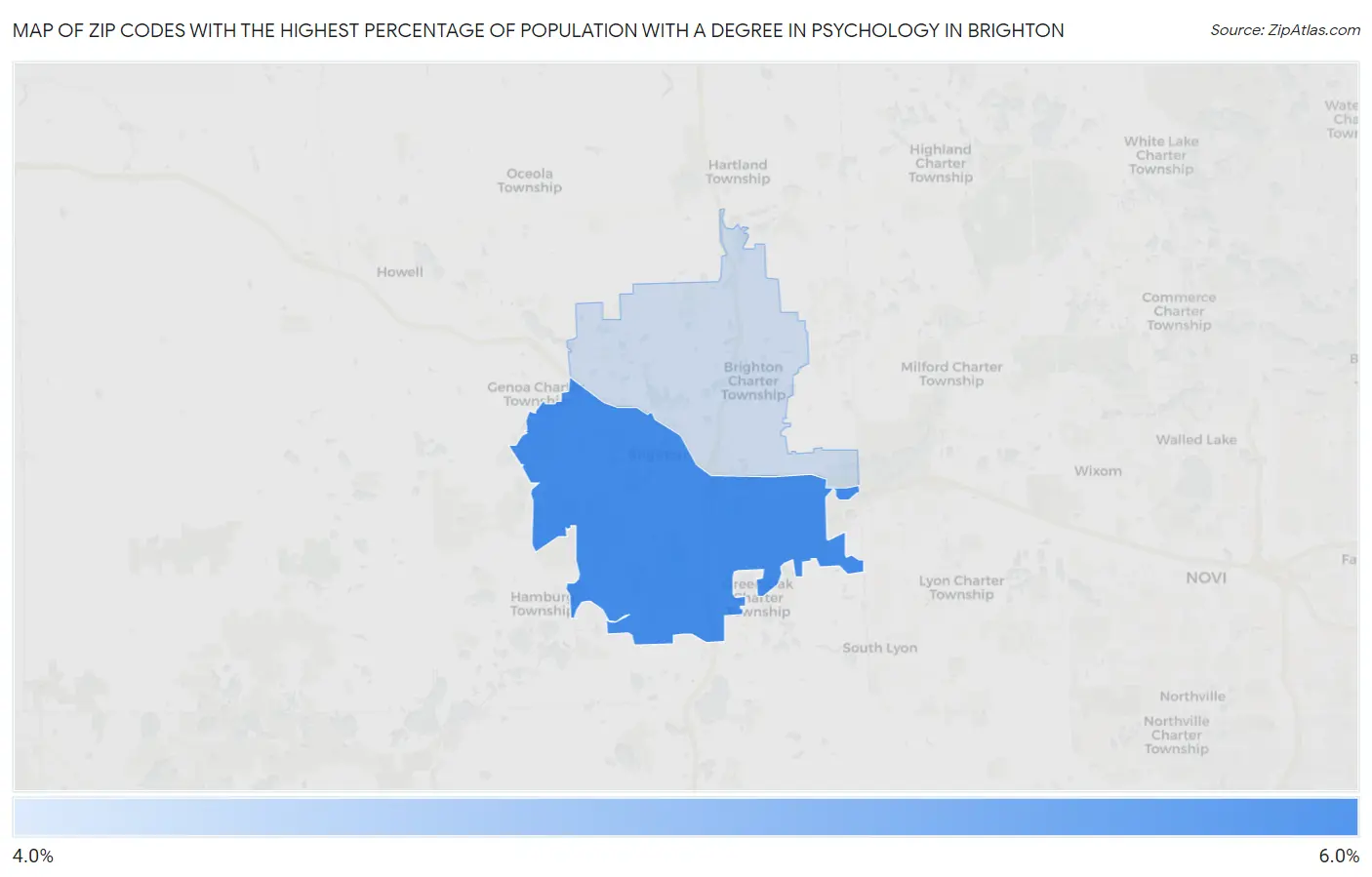 Zip Codes with the Highest Percentage of Population with a Degree in Psychology in Brighton Map