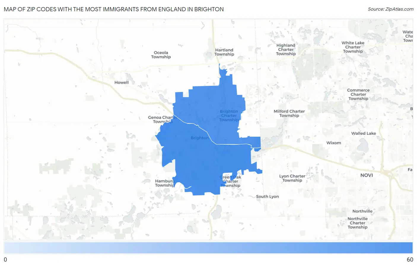 Zip Codes with the Most Immigrants from England in Brighton Map