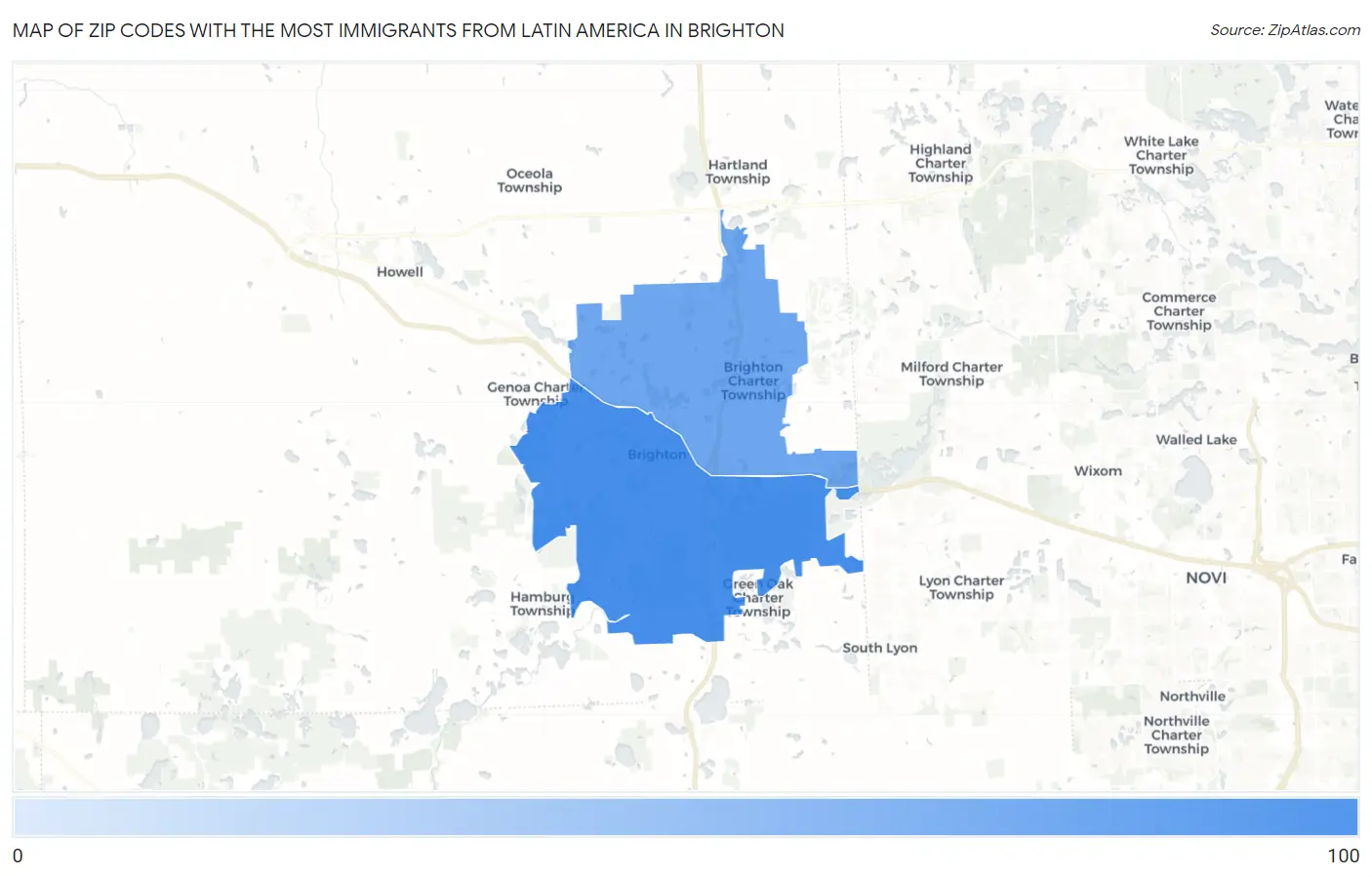 Zip Codes with the Most Immigrants from Latin America in Brighton Map