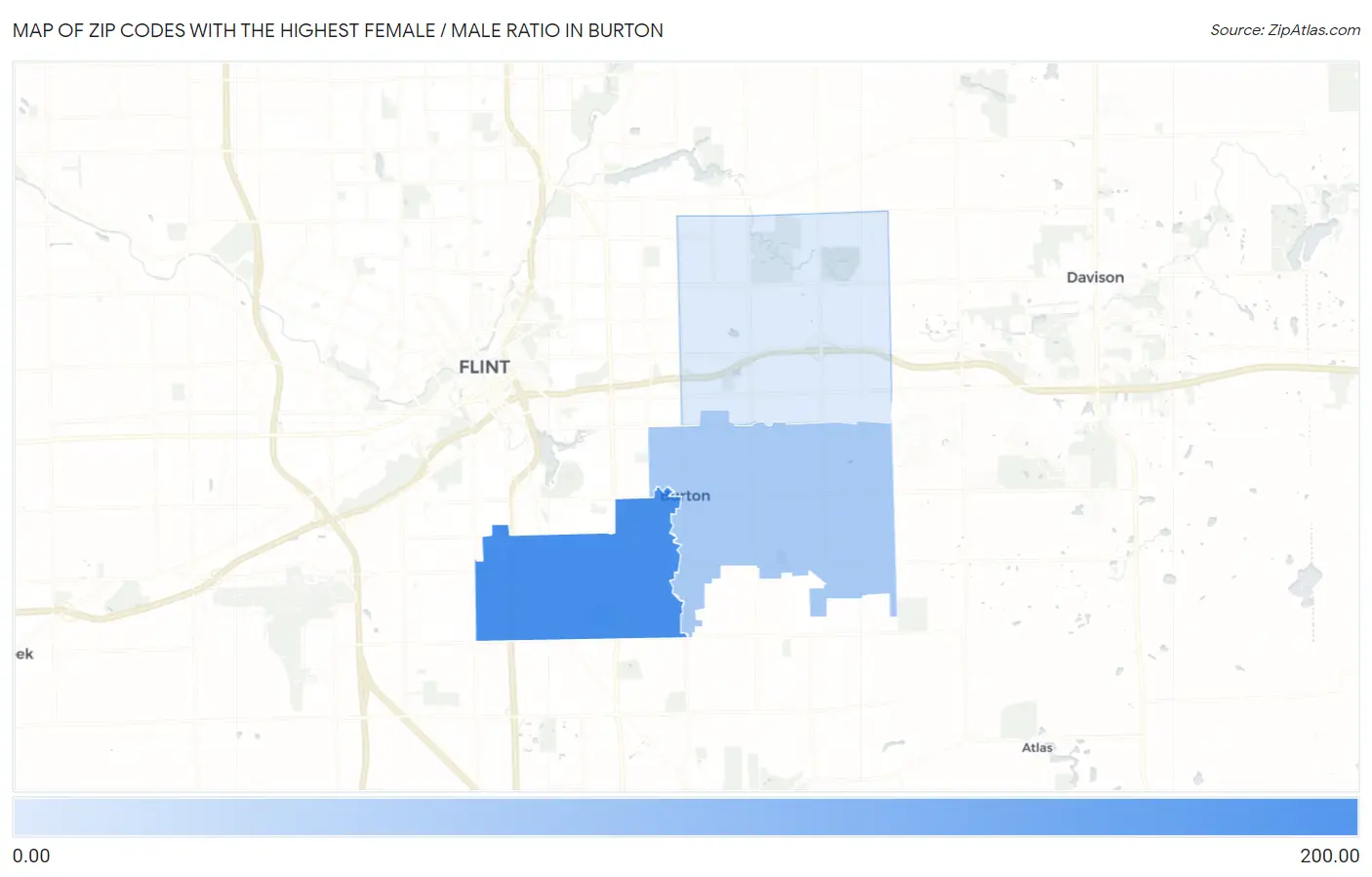 Zip Codes with the Highest Female / Male Ratio in Burton Map