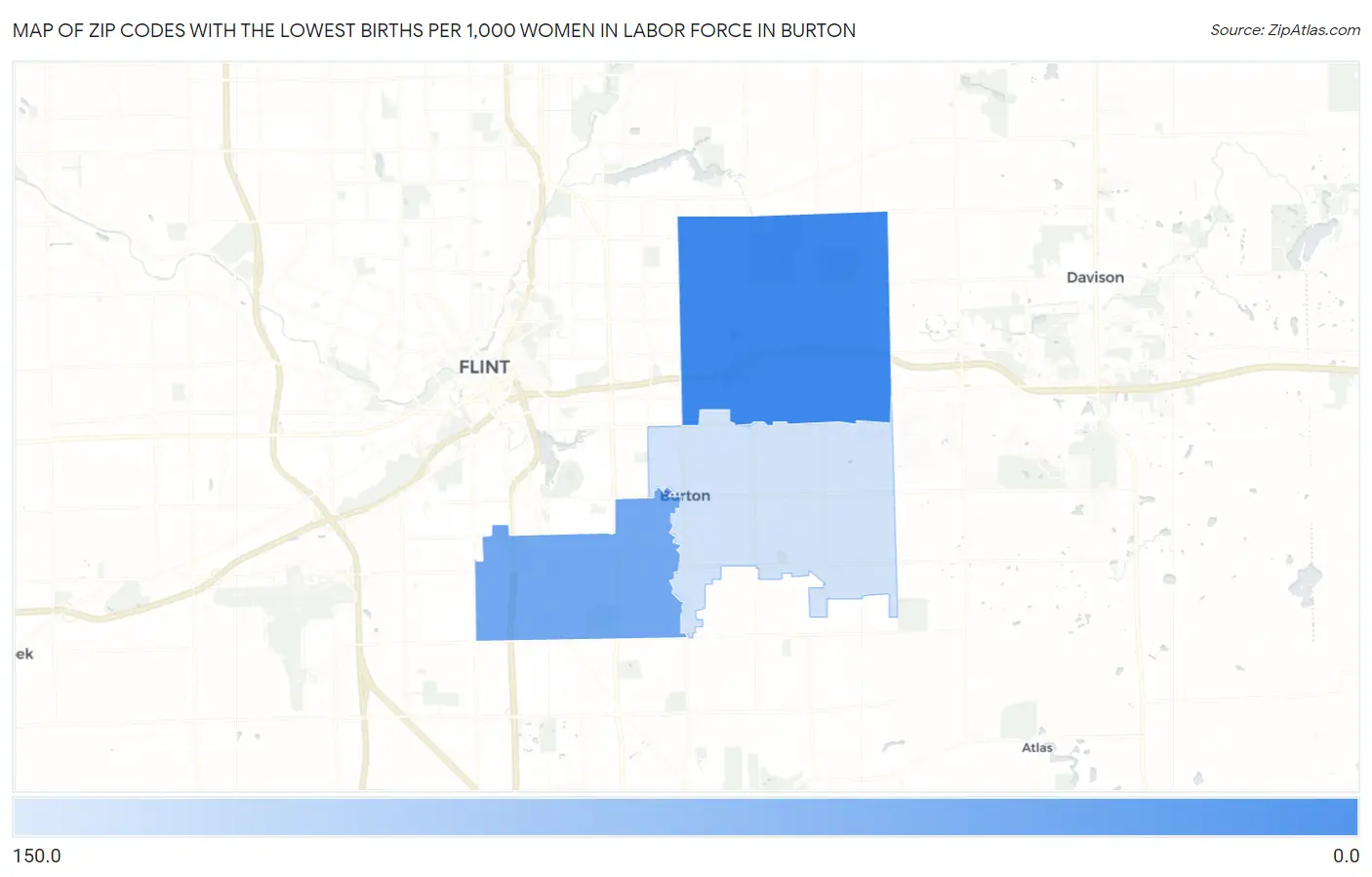 Zip Codes with the Lowest Births per 1,000 Women in Labor Force in Burton Map