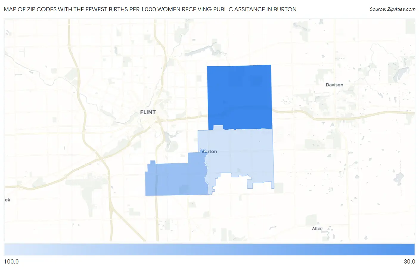 Zip Codes with the Fewest Births per 1,000 Women Receiving Public Assitance in Burton Map