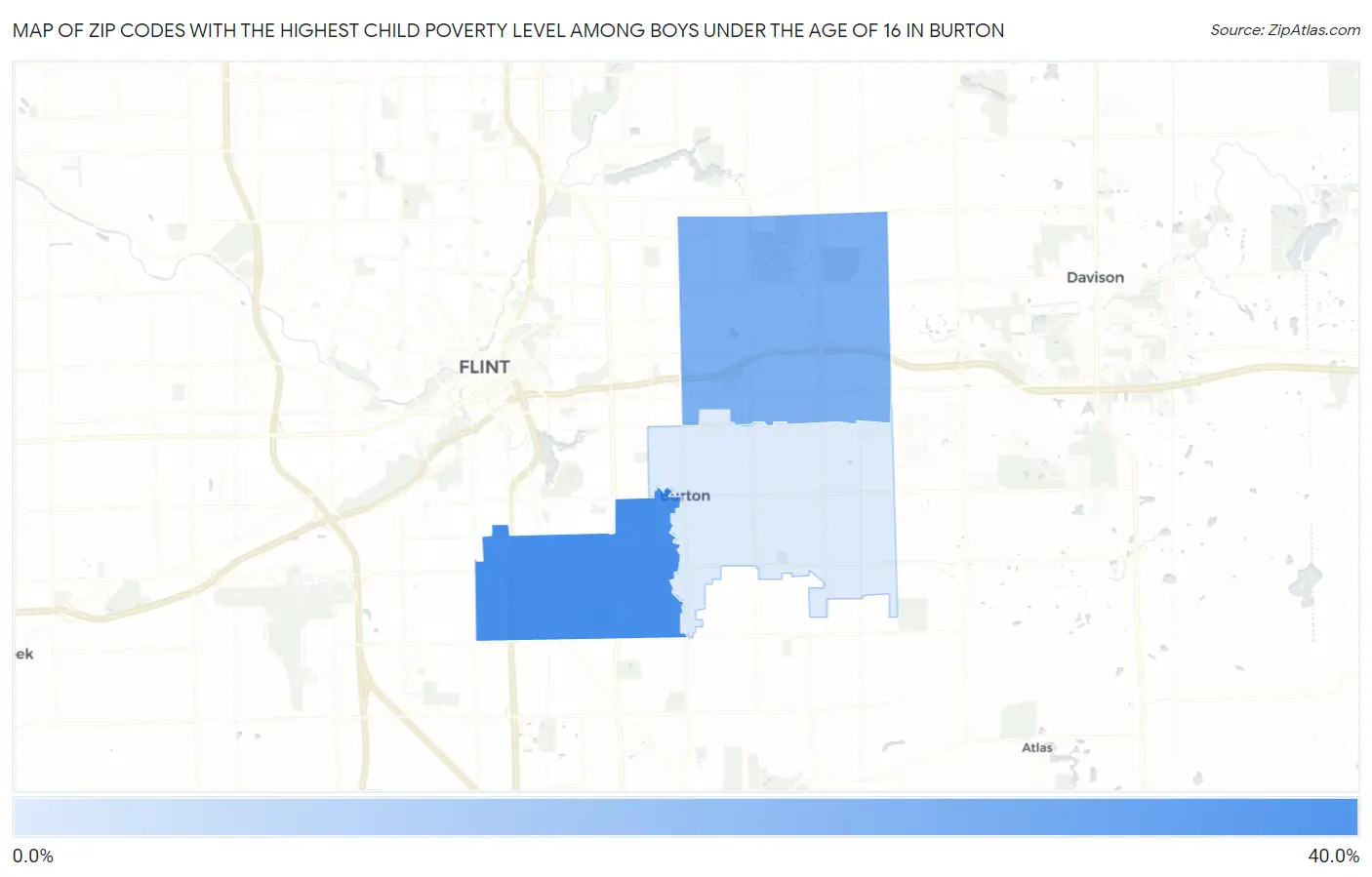 Zip Codes with the Highest Child Poverty Level Among Boys Under the Age of 16 in Burton Map