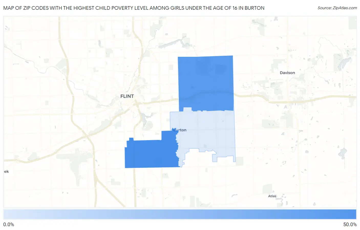 Zip Codes with the Highest Child Poverty Level Among Girls Under the Age of 16 in Burton Map