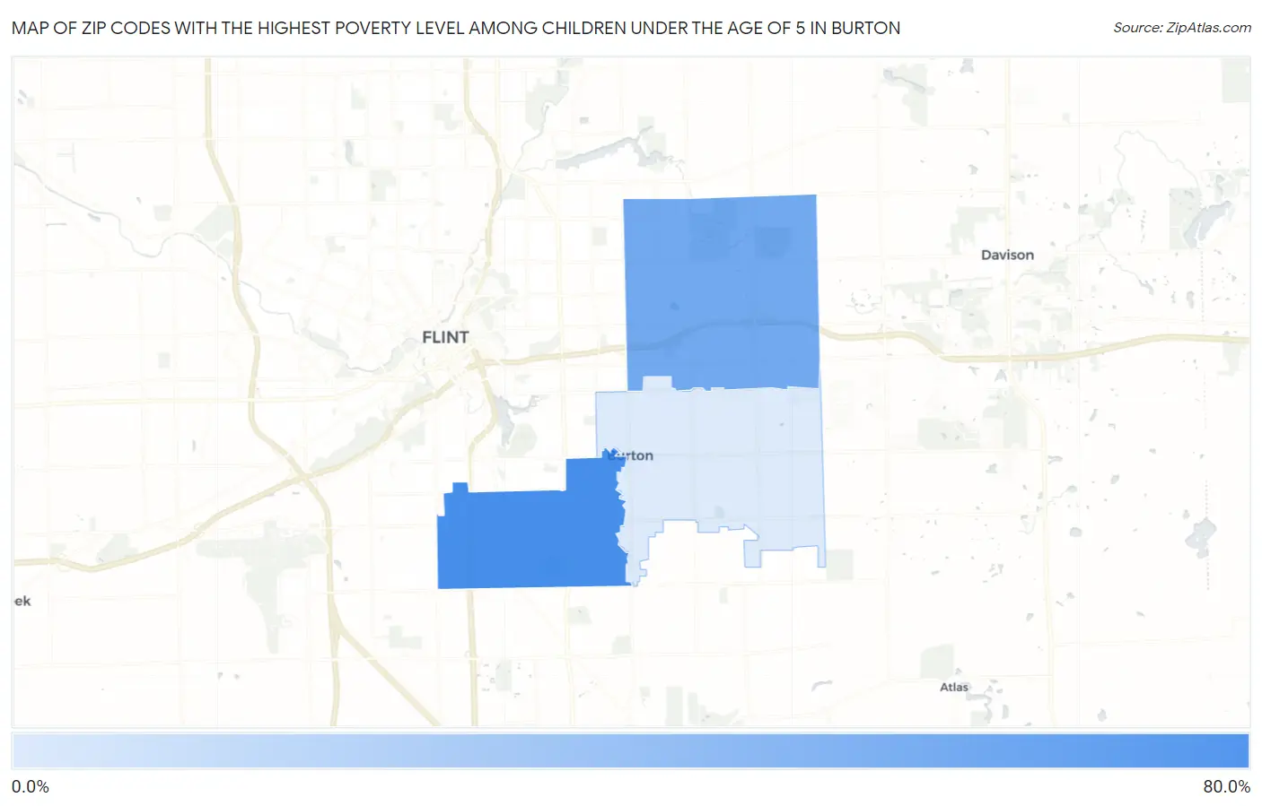 Zip Codes with the Highest Poverty Level Among Children Under the Age of 5 in Burton Map