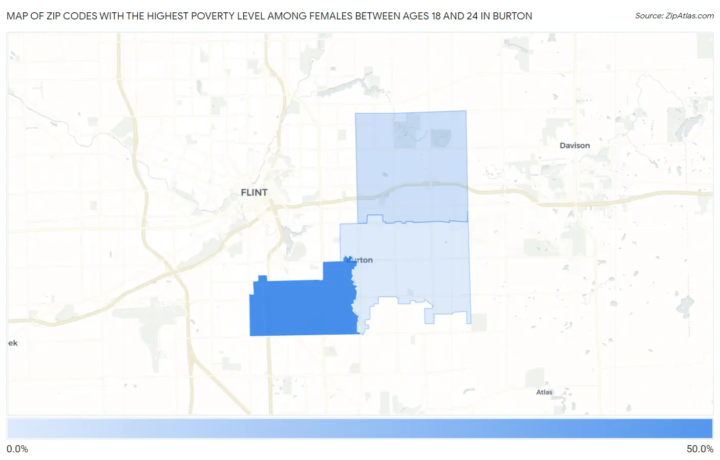Zip Codes with the Highest Poverty Level Among Females Between Ages 18 and 24 in Burton Map