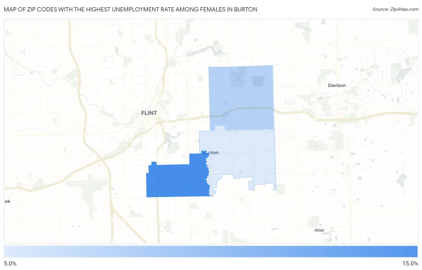 Zip Codes with the Highest Unemployment Rate Among Females in Burton Map