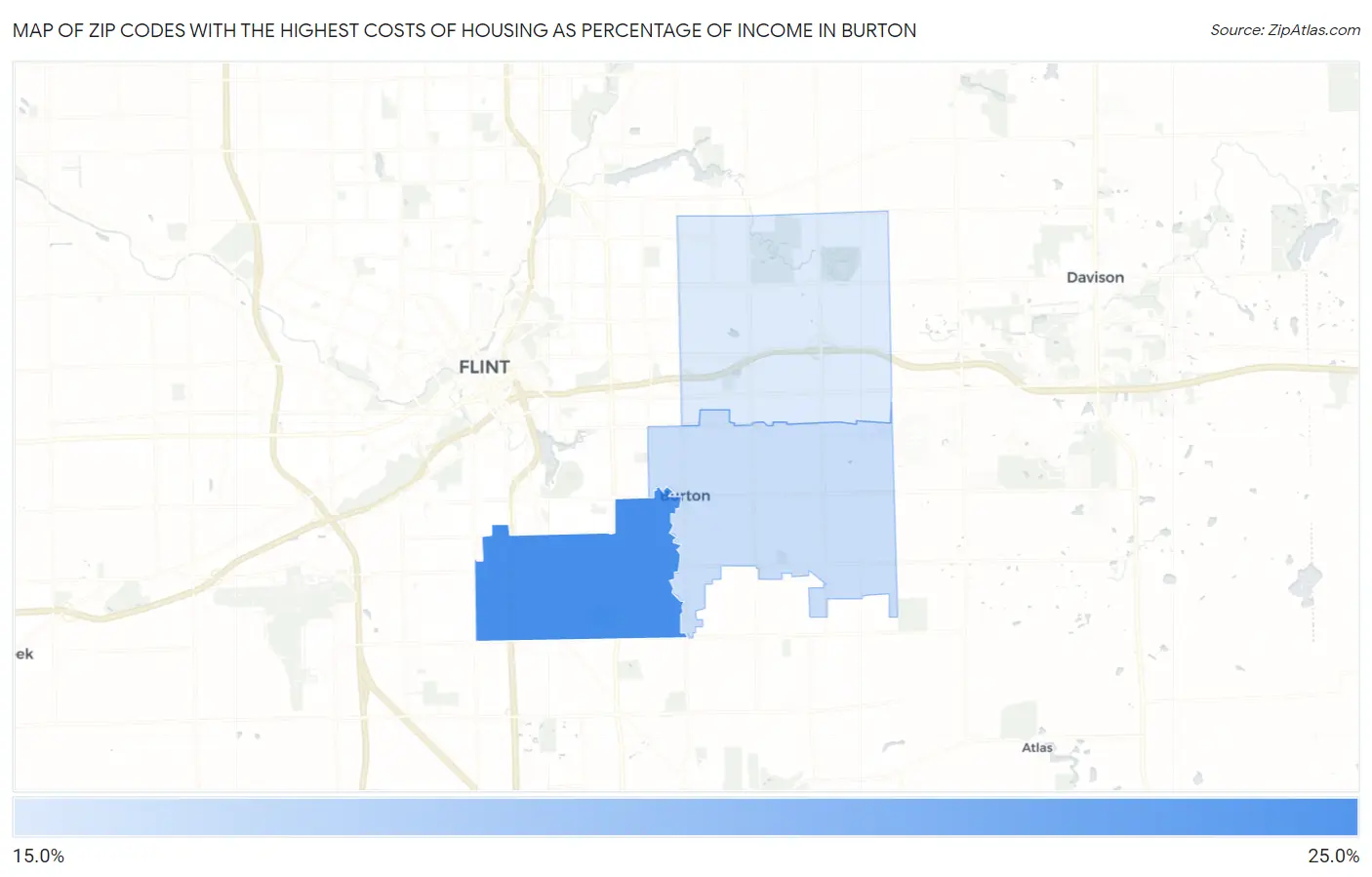 Zip Codes with the Highest Costs of Housing as Percentage of Income in Burton Map