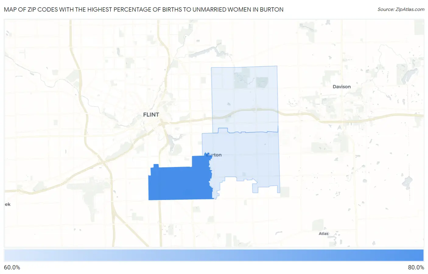 Zip Codes with the Highest Percentage of Births to Unmarried Women in Burton Map