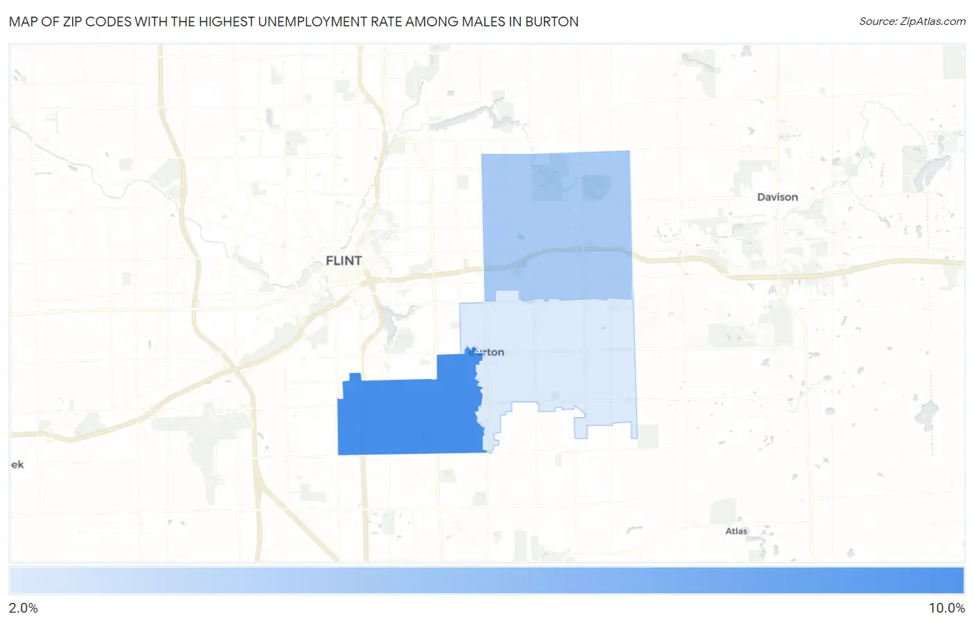 Zip Codes with the Highest Unemployment Rate Among Males in Burton Map