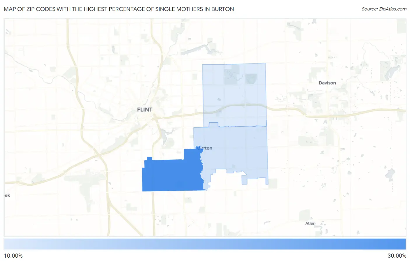 Zip Codes with the Highest Percentage of Single Mothers in Burton Map