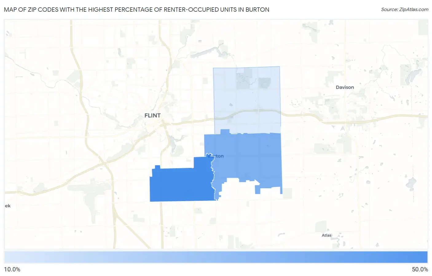 Zip Codes with the Highest Percentage of Renter-Occupied Units in Burton Map