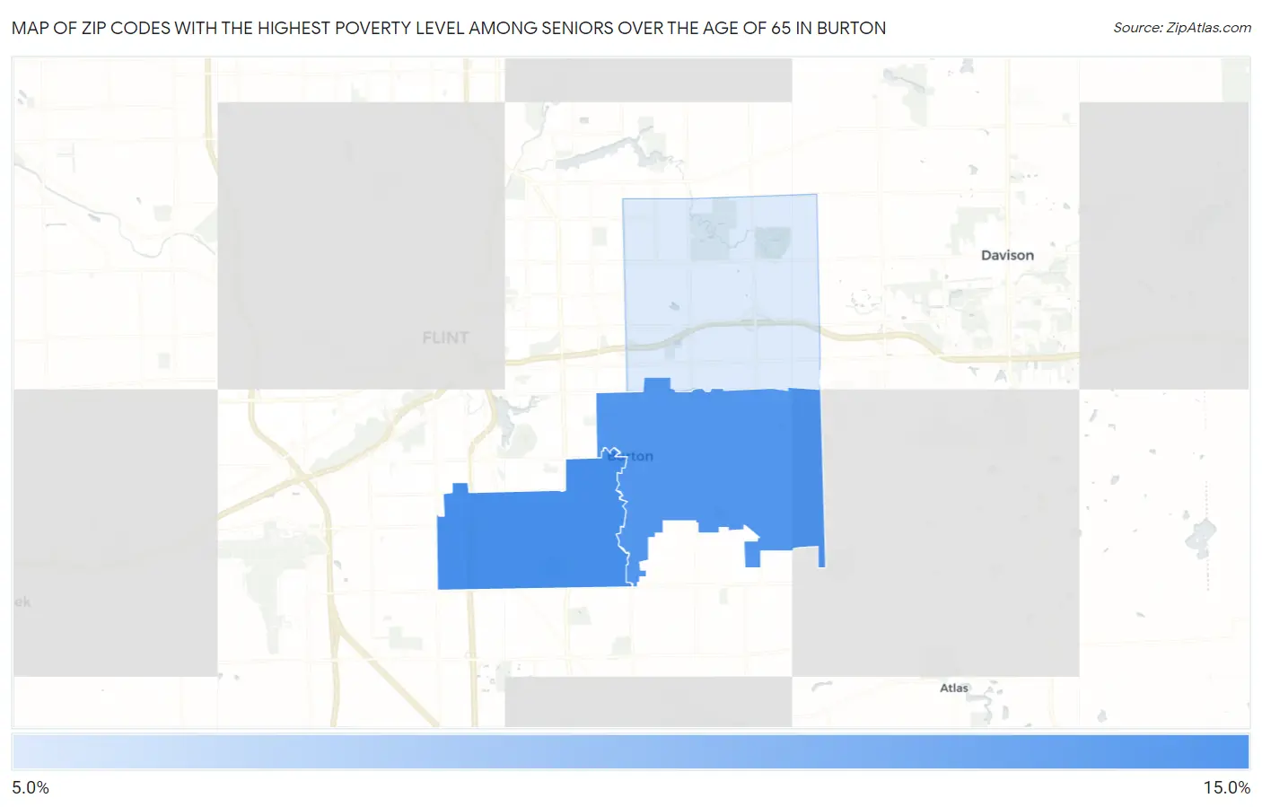 Zip Codes with the Highest Poverty Level Among Seniors Over the Age of 65 in Burton Map