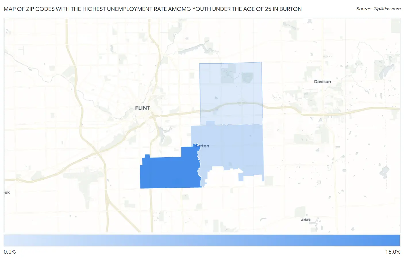 Zip Codes with the Highest Unemployment Rate Amomg Youth Under the Age of 25 in Burton Map