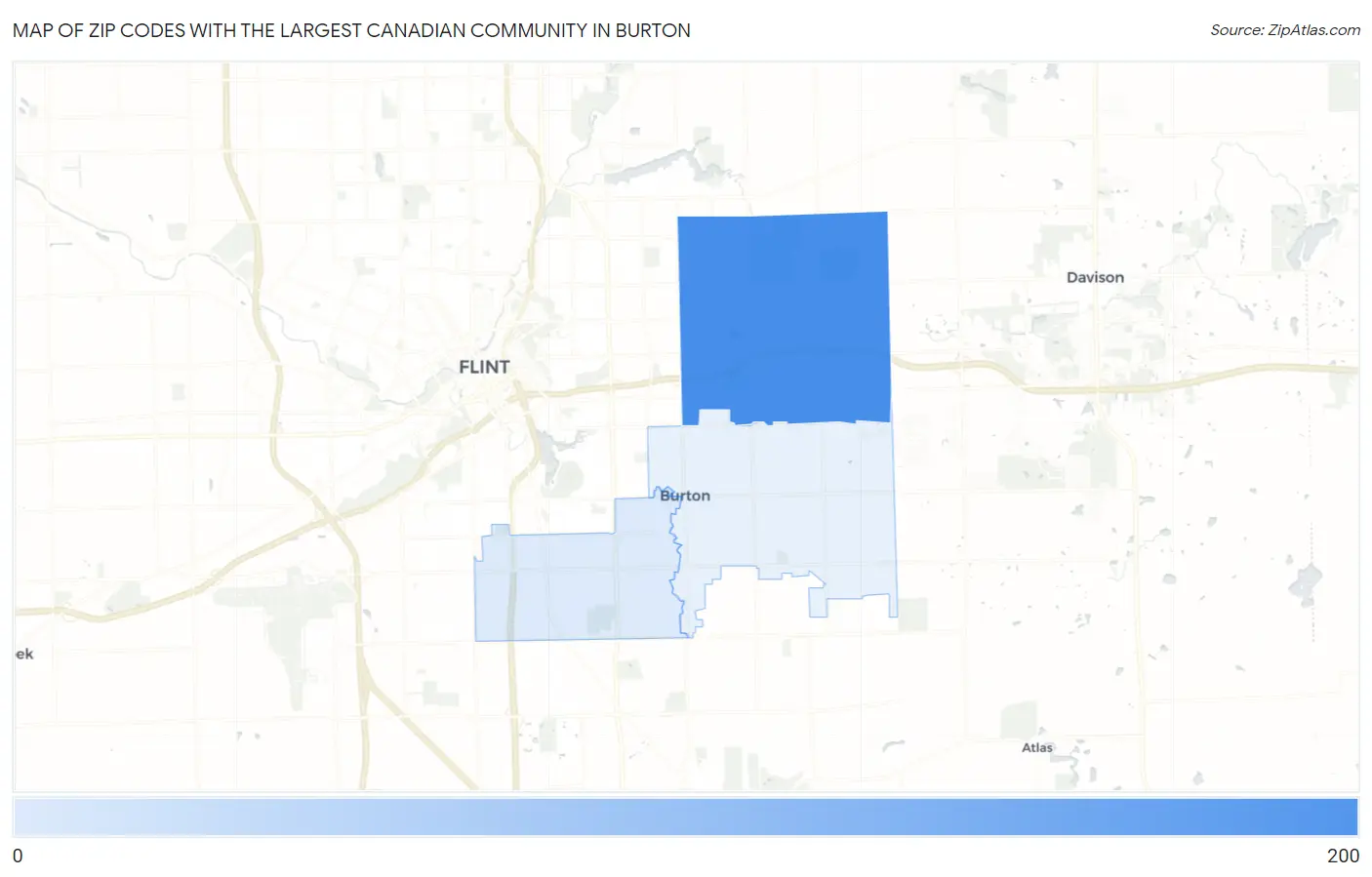 Zip Codes with the Largest Canadian Community in Burton Map