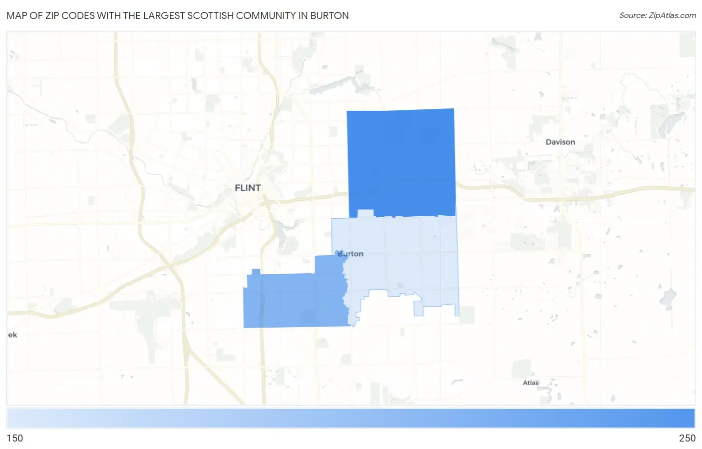 Zip Codes with the Largest Scottish Community in Burton Map