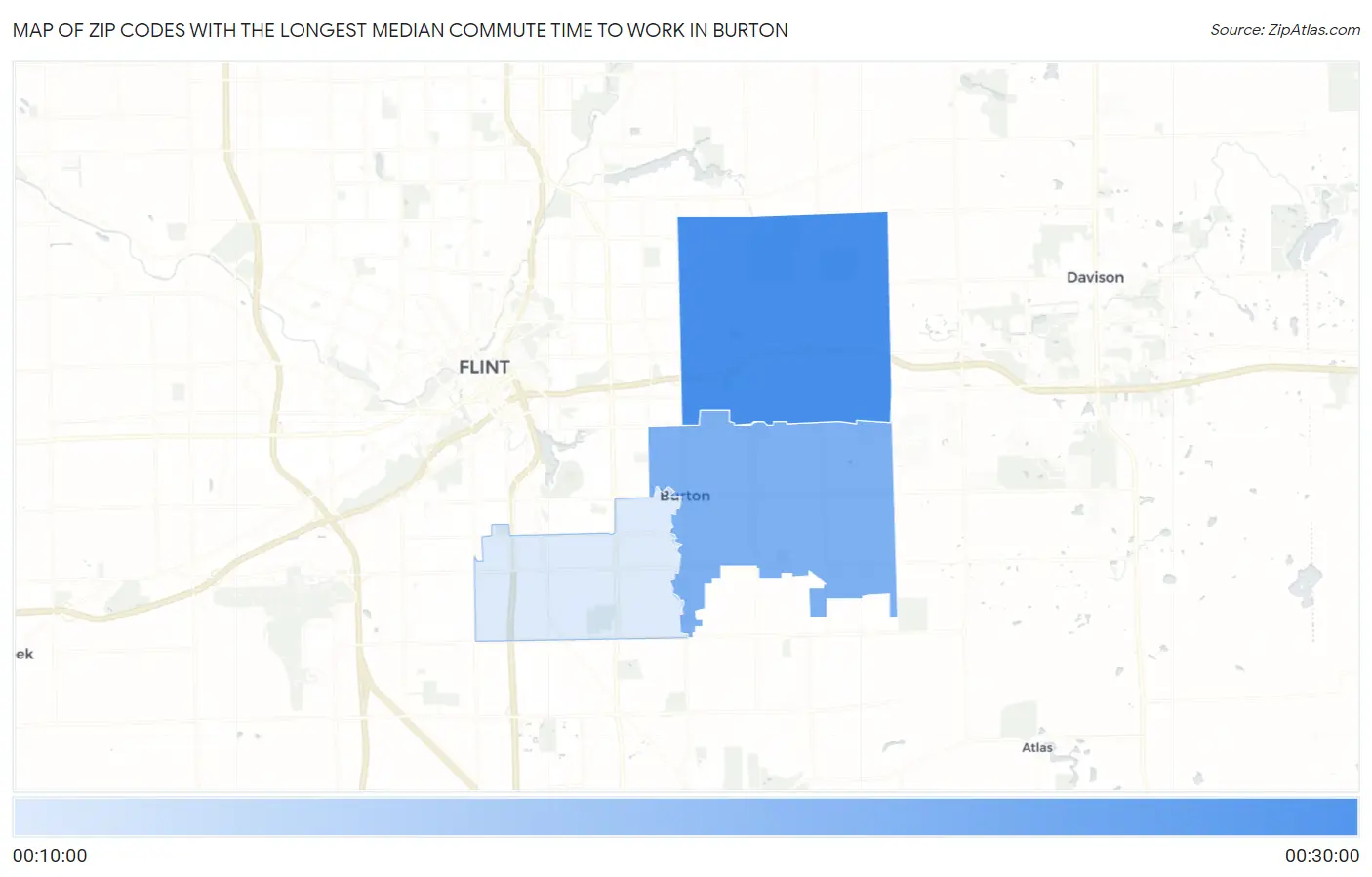 Zip Codes with the Longest Median Commute Time to Work in Burton Map