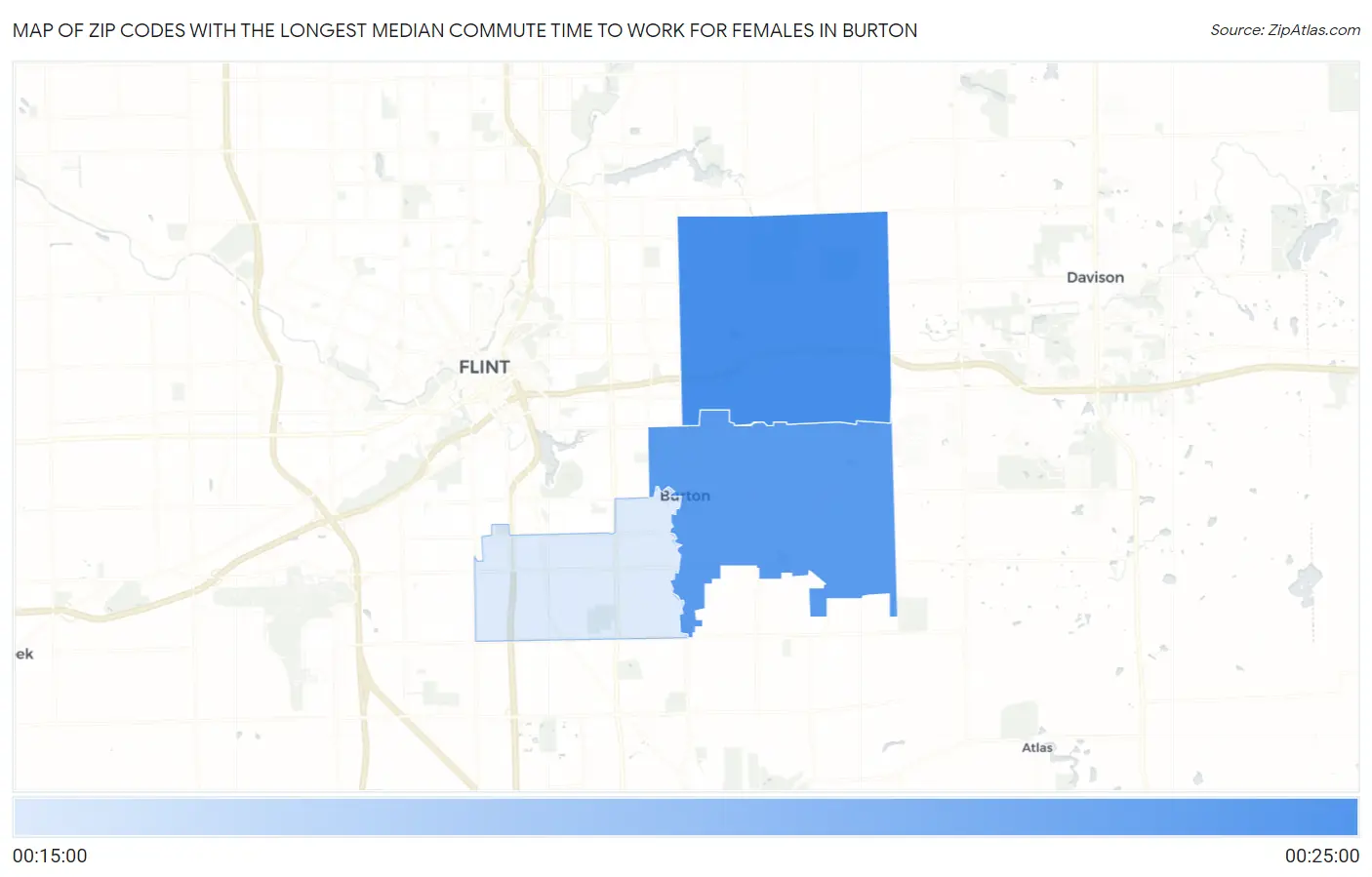 Zip Codes with the Longest Median Commute Time to Work for Females in Burton Map