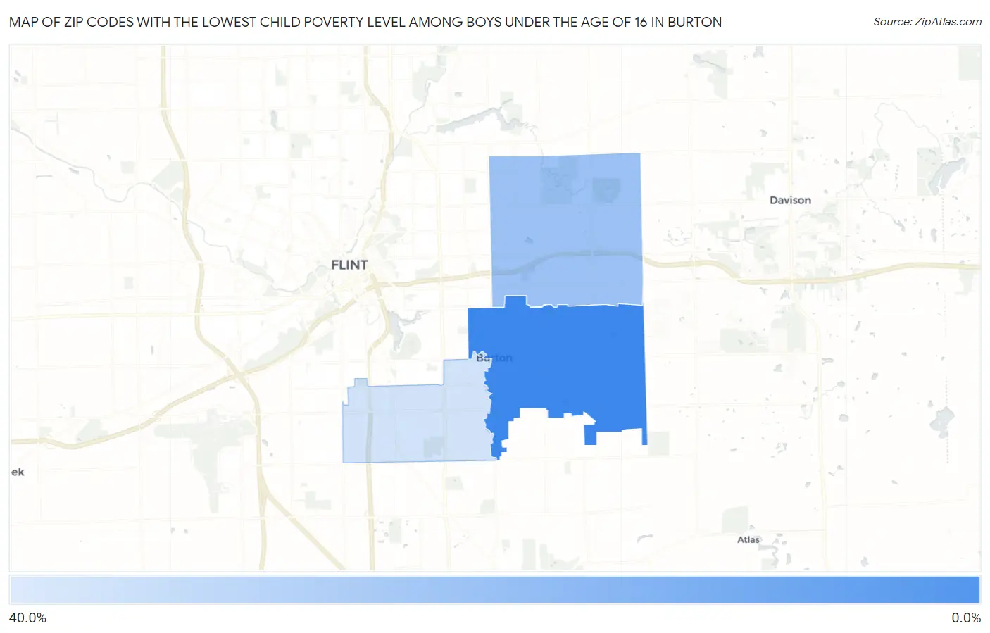 Zip Codes with the Lowest Child Poverty Level Among Boys Under the Age of 16 in Burton Map