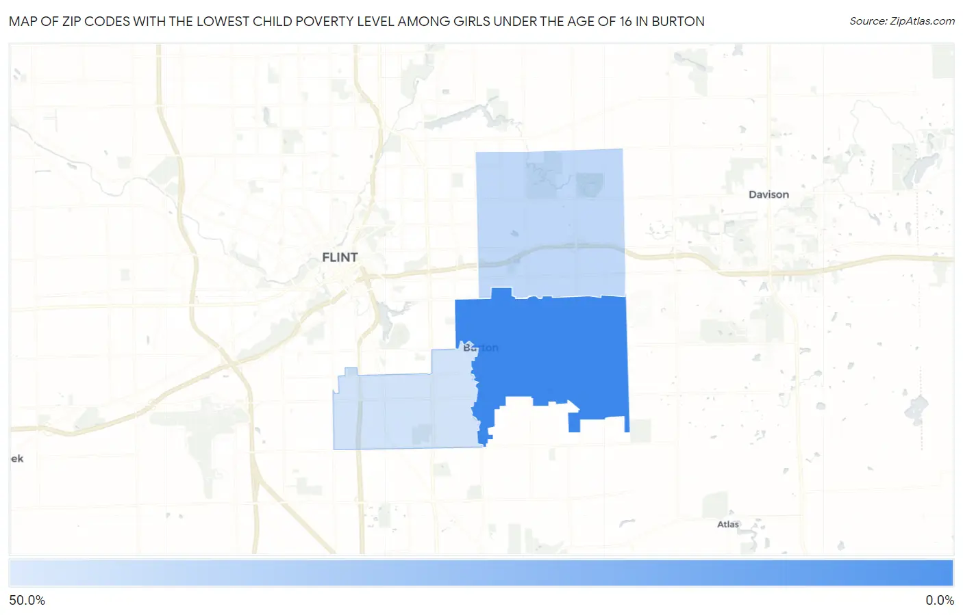 Zip Codes with the Lowest Child Poverty Level Among Girls Under the Age of 16 in Burton Map