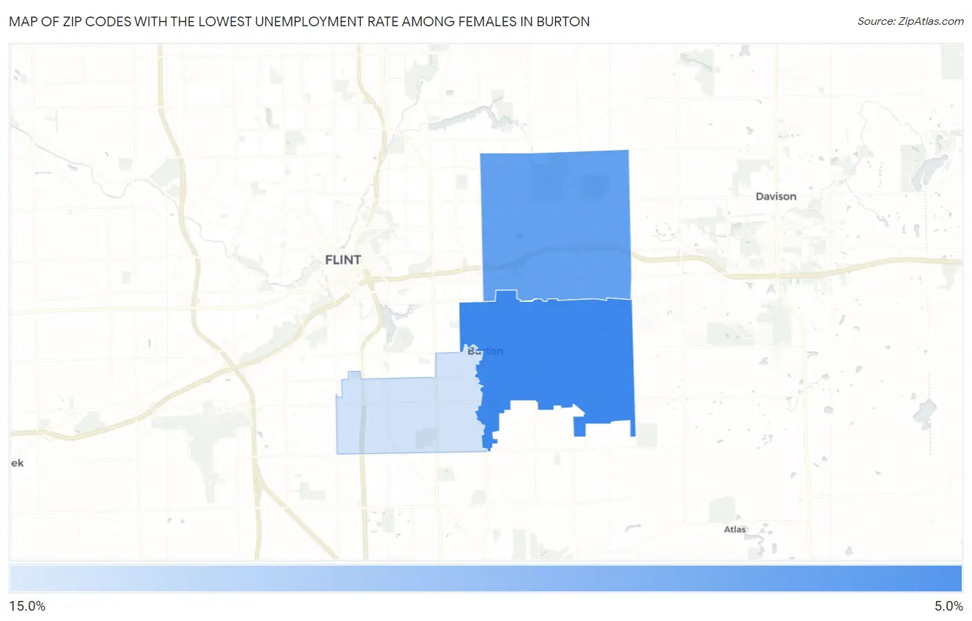 Zip Codes with the Lowest Unemployment Rate Among Females in Burton Map