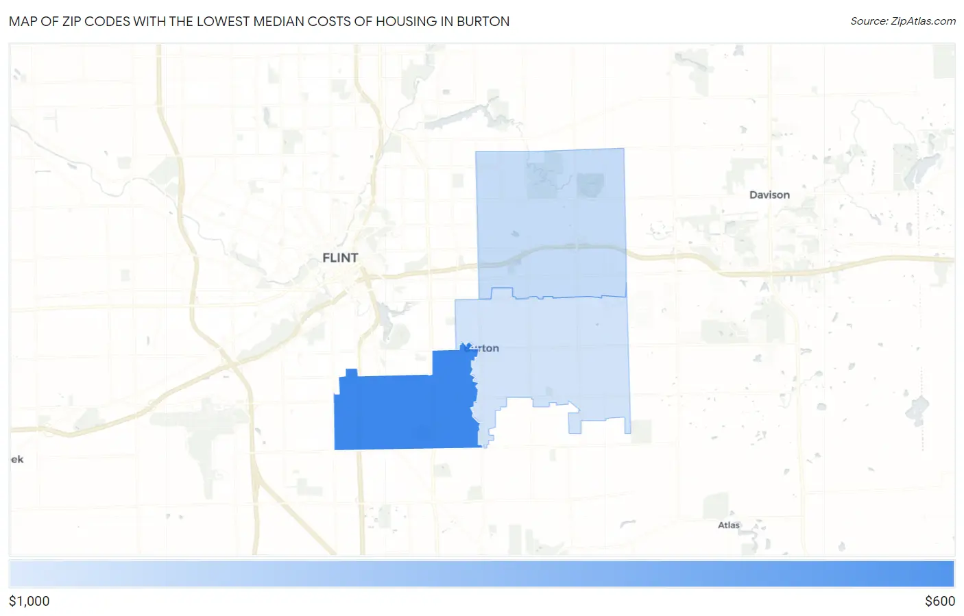 Zip Codes with the Lowest Median Costs of Housing in Burton Map
