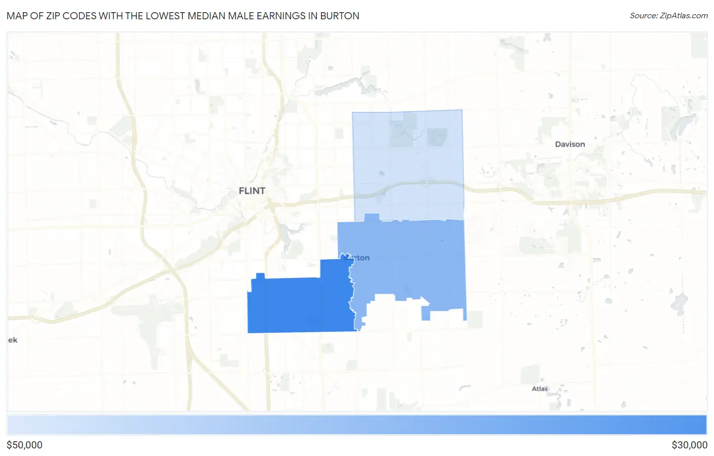Zip Codes with the Lowest Median Male Earnings in Burton Map
