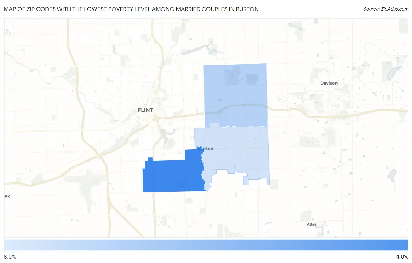 Zip Codes with the Lowest Poverty Level Among Married Couples in Burton Map