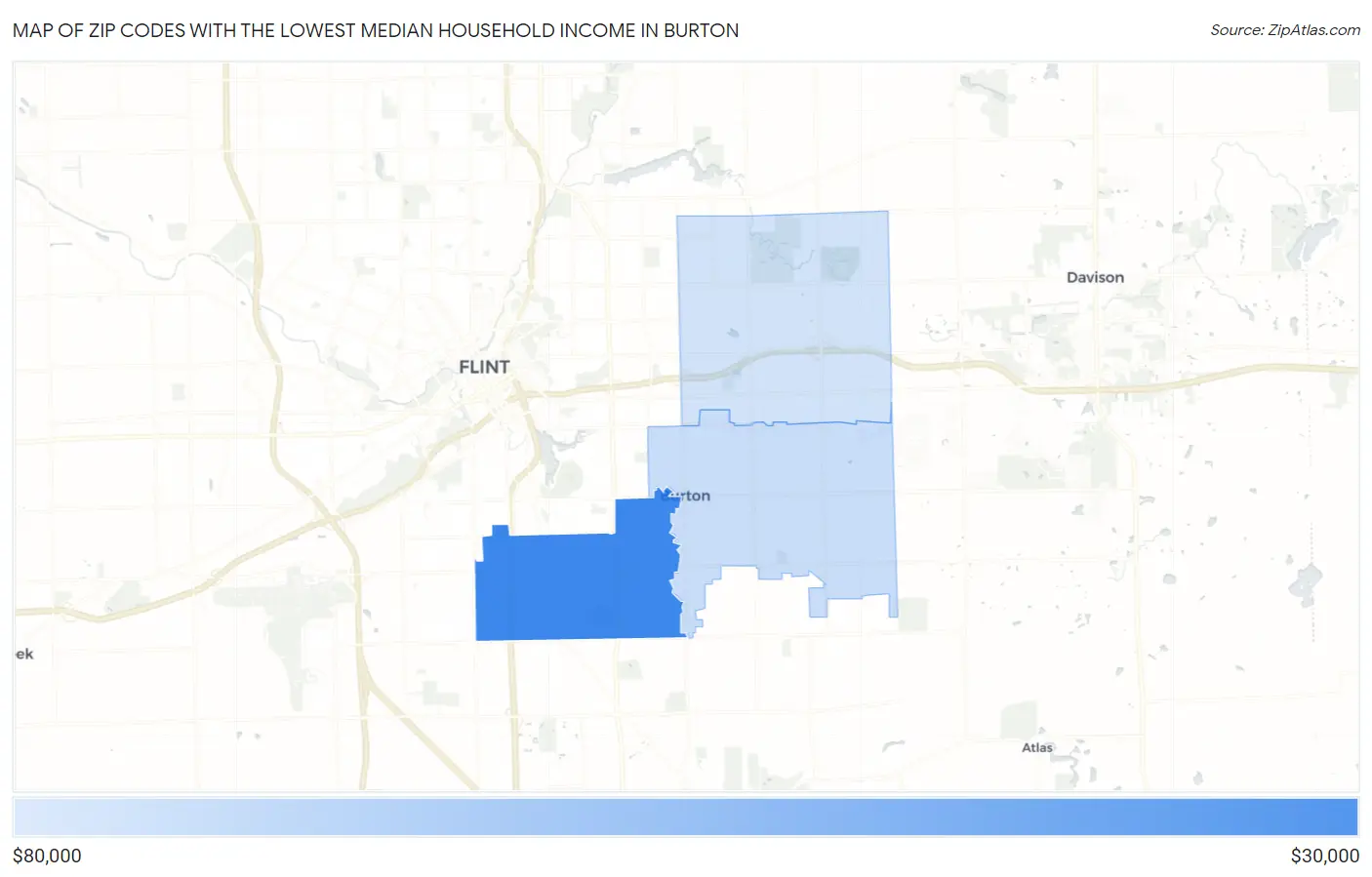Zip Codes with the Lowest Median Household Income in Burton Map