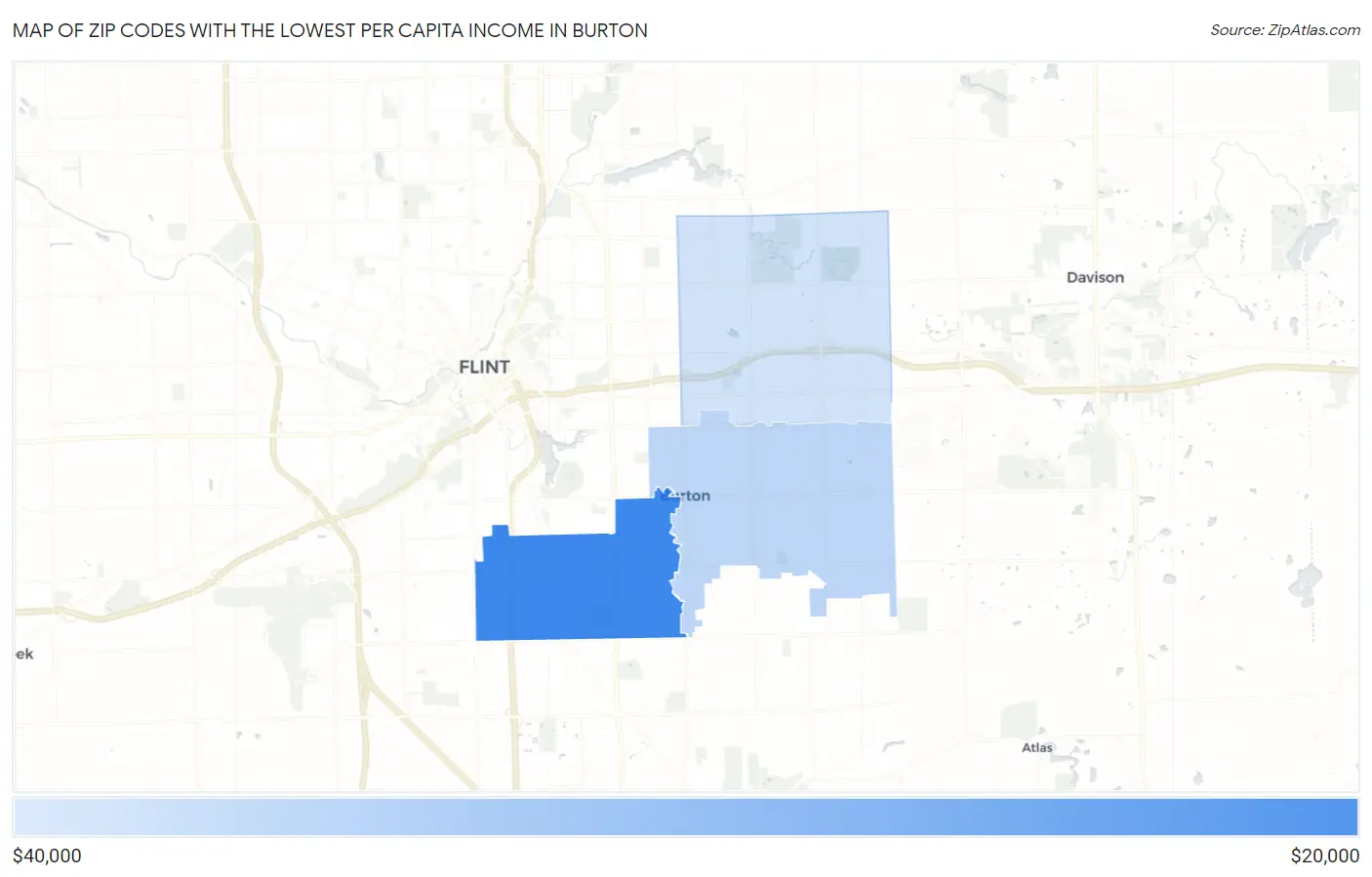 Zip Codes with the Lowest Per Capita Income in Burton Map