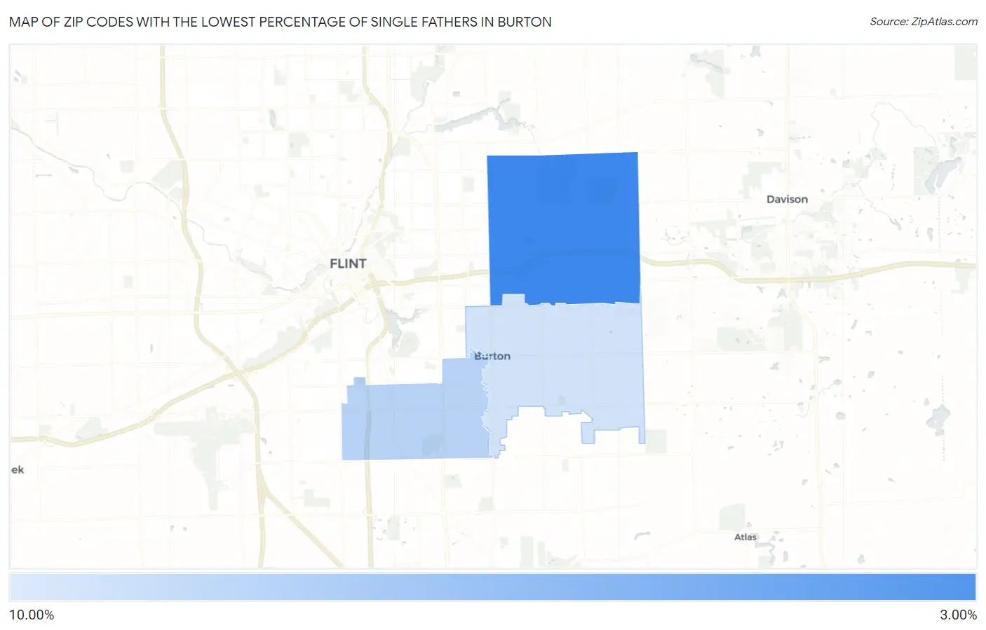 Zip Codes with the Lowest Percentage of Single Fathers in Burton Map