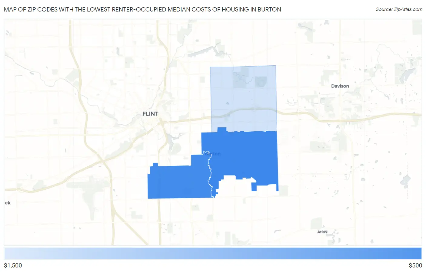 Zip Codes with the Lowest Renter-Occupied Median Costs of Housing in Burton Map