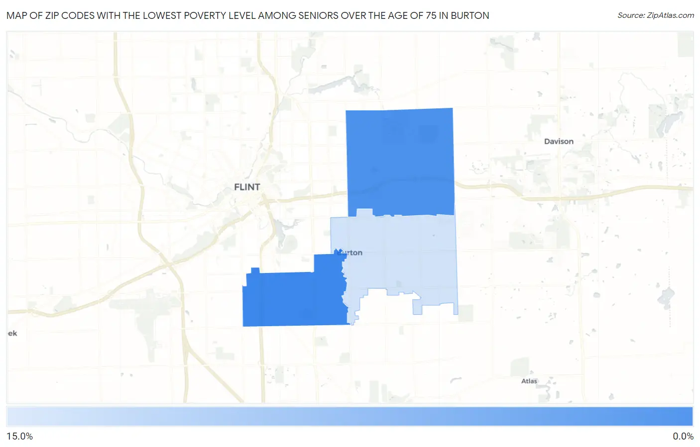 Zip Codes with the Lowest Poverty Level Among Seniors Over the Age of 75 in Burton Map