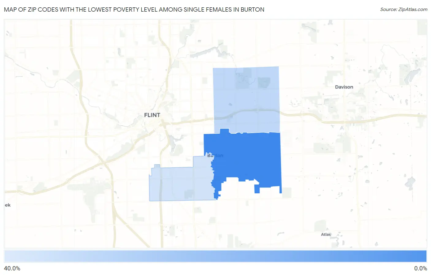 Zip Codes with the Lowest Poverty Level Among Single Females in Burton Map