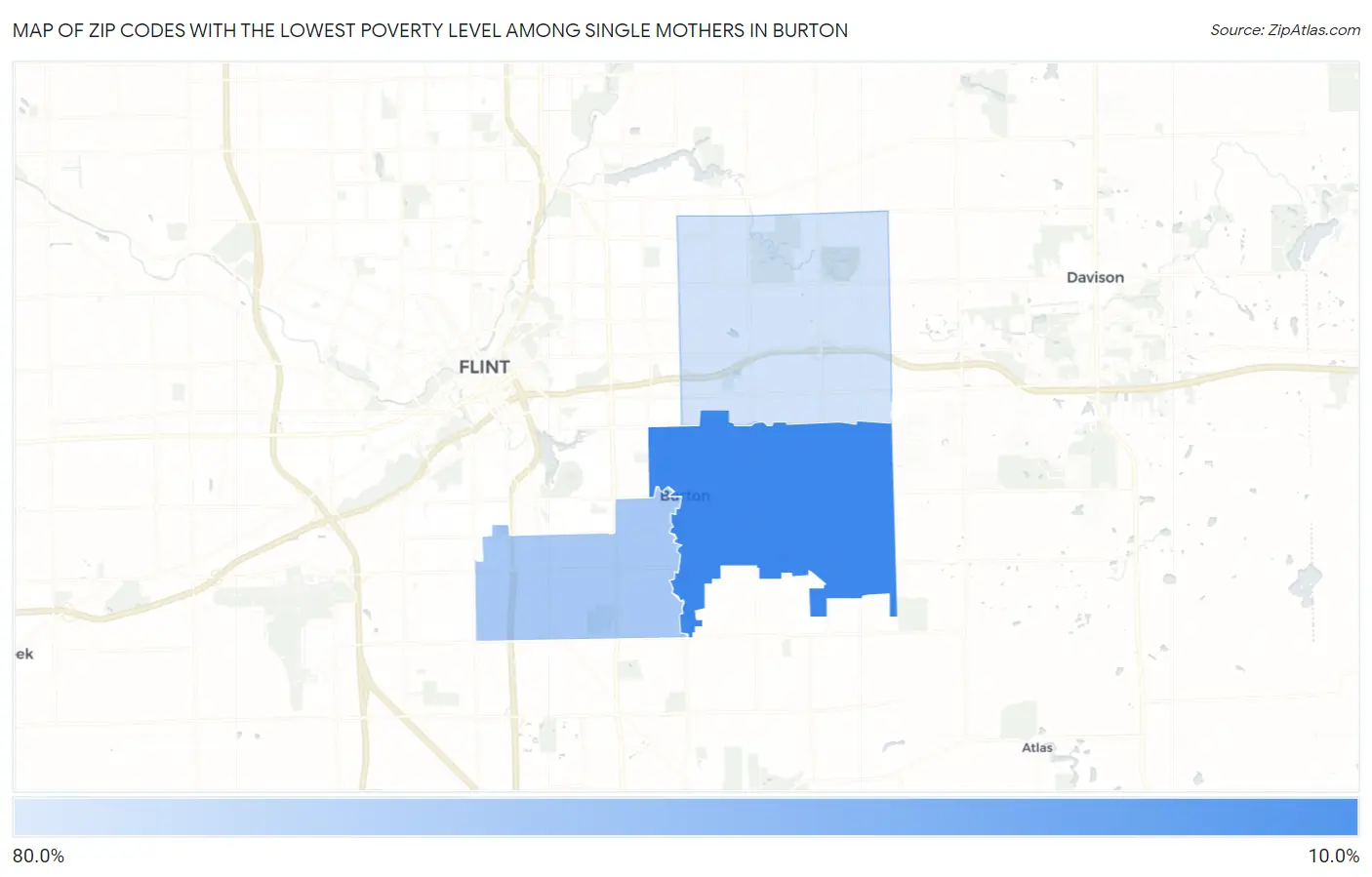Zip Codes with the Lowest Poverty Level Among Single Mothers in Burton Map