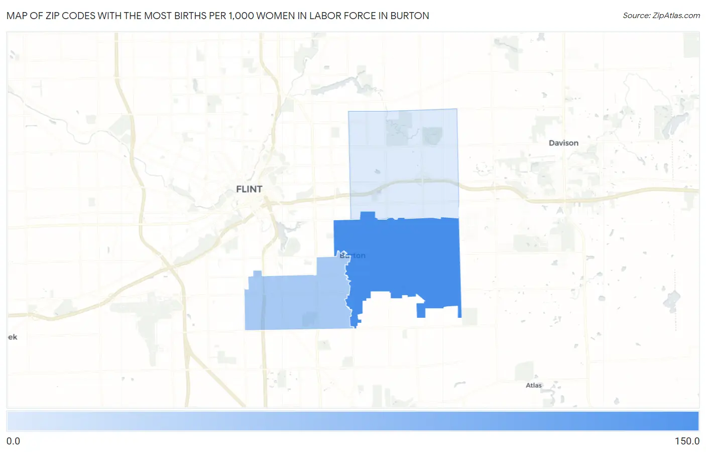 Zip Codes with the Most Births per 1,000 Women in Labor Force in Burton Map
