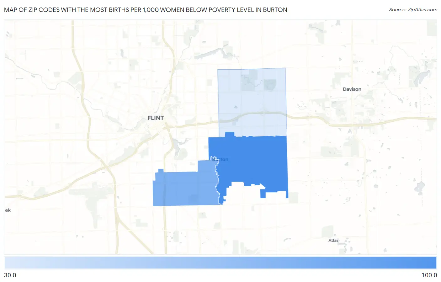 Zip Codes with the Most Births per 1,000 Women Below Poverty Level in Burton Map