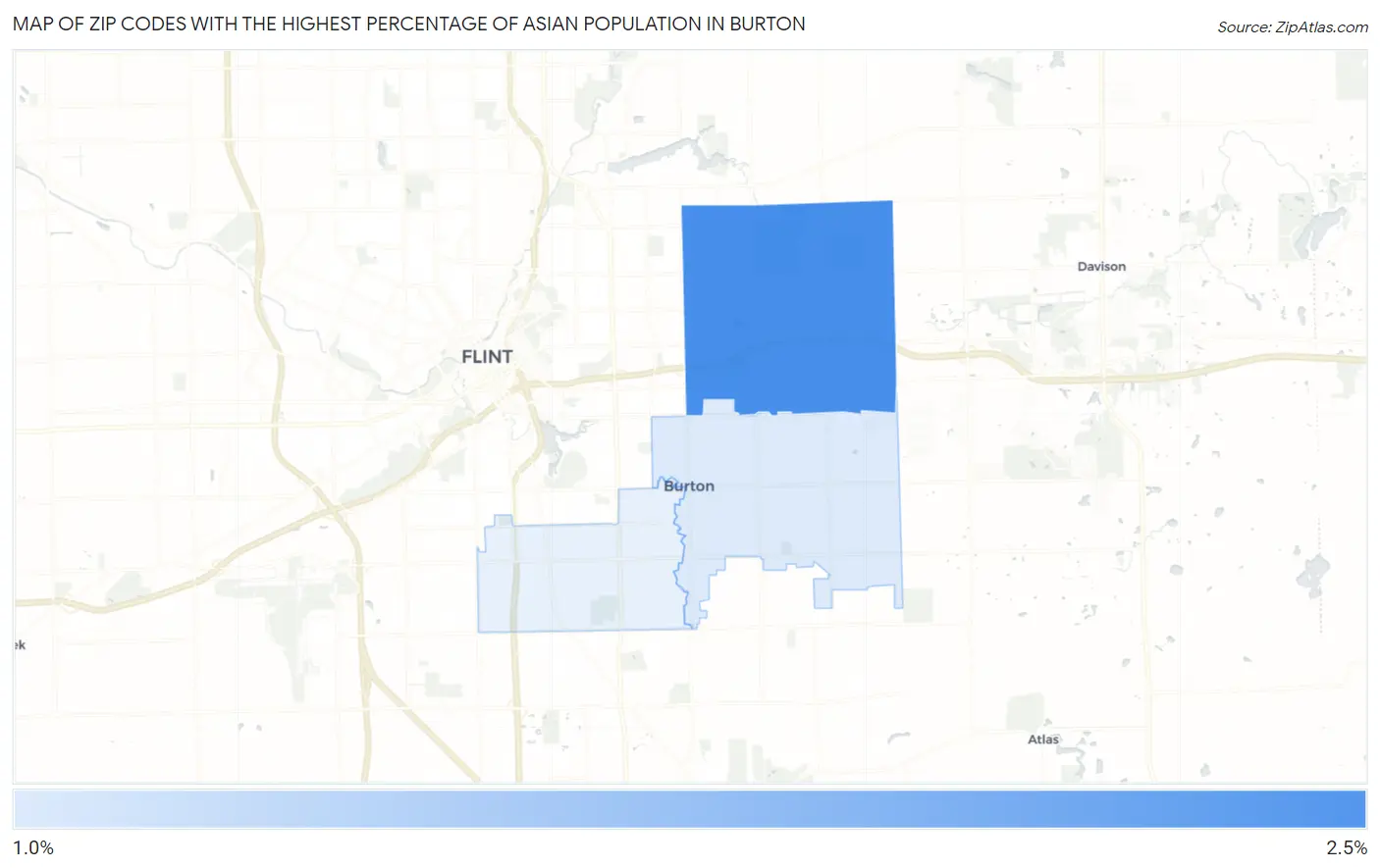 Zip Codes with the Highest Percentage of Asian Population in Burton Map