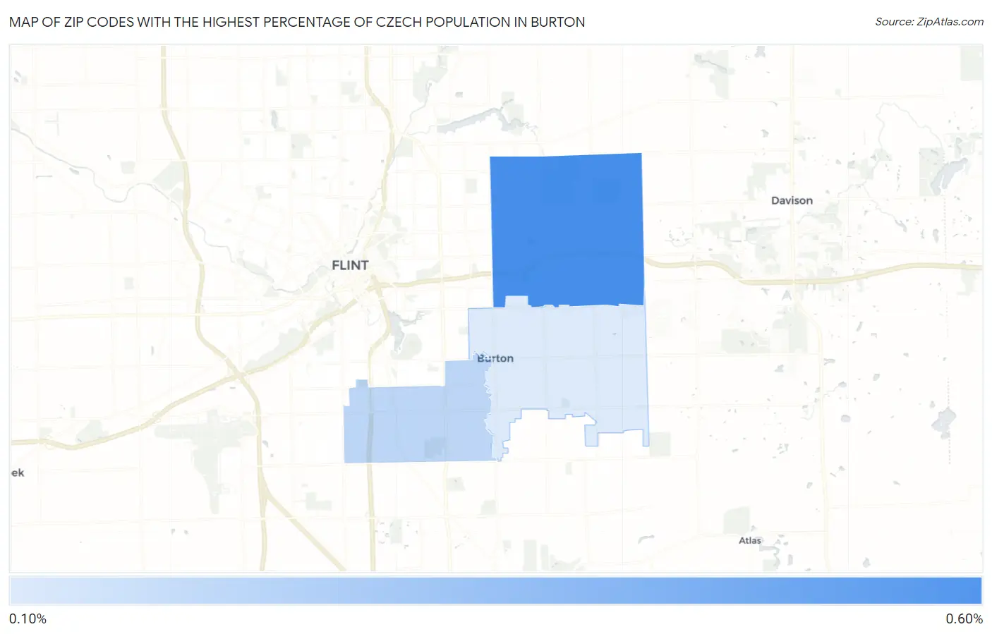 Zip Codes with the Highest Percentage of Czech Population in Burton Map