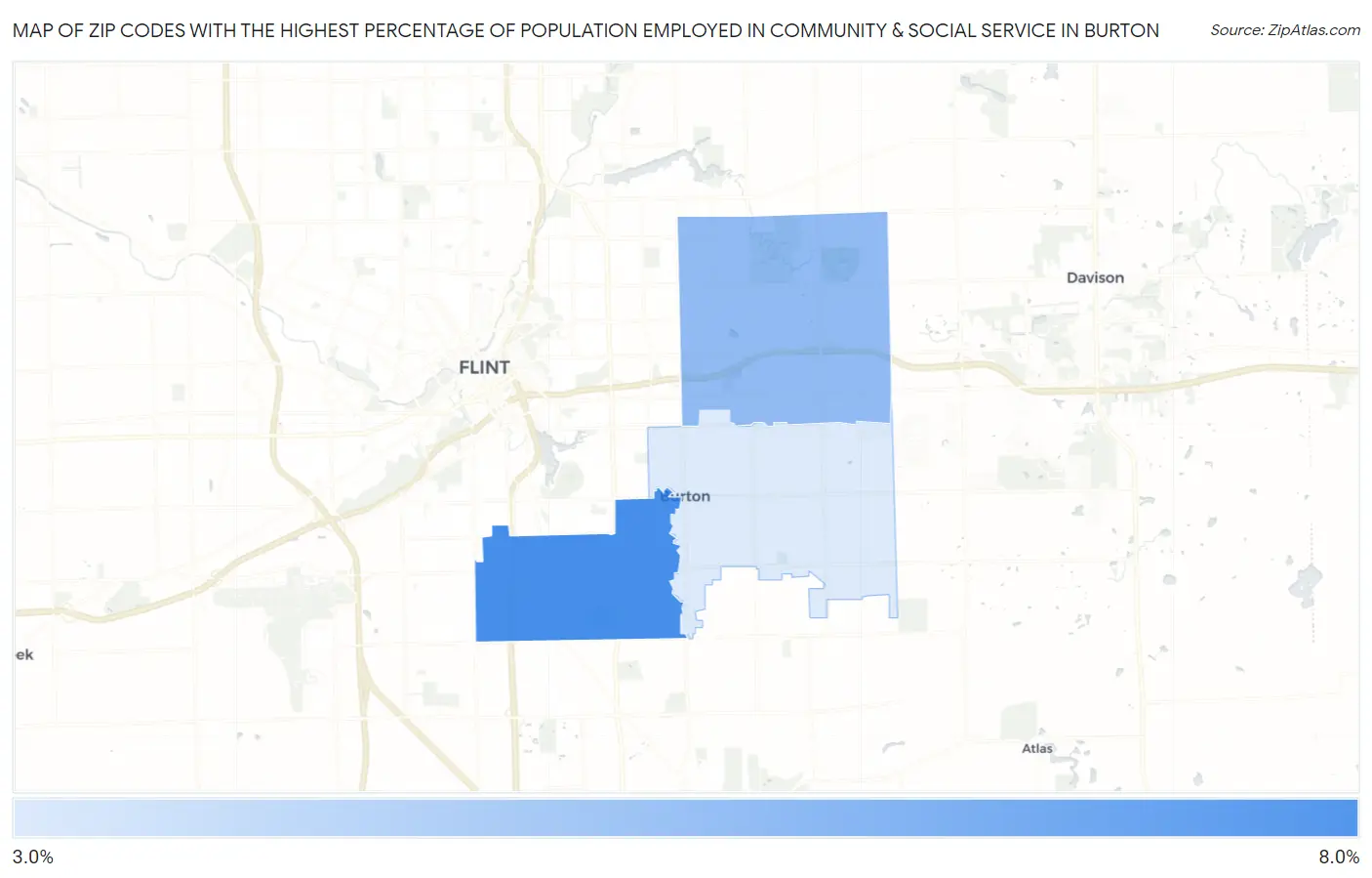 Zip Codes with the Highest Percentage of Population Employed in Community & Social Service  in Burton Map